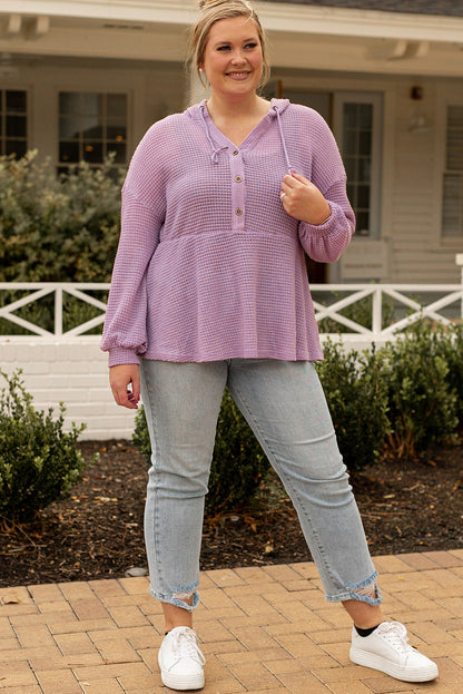 Cozy plus size hooded waffle knit top with button detail