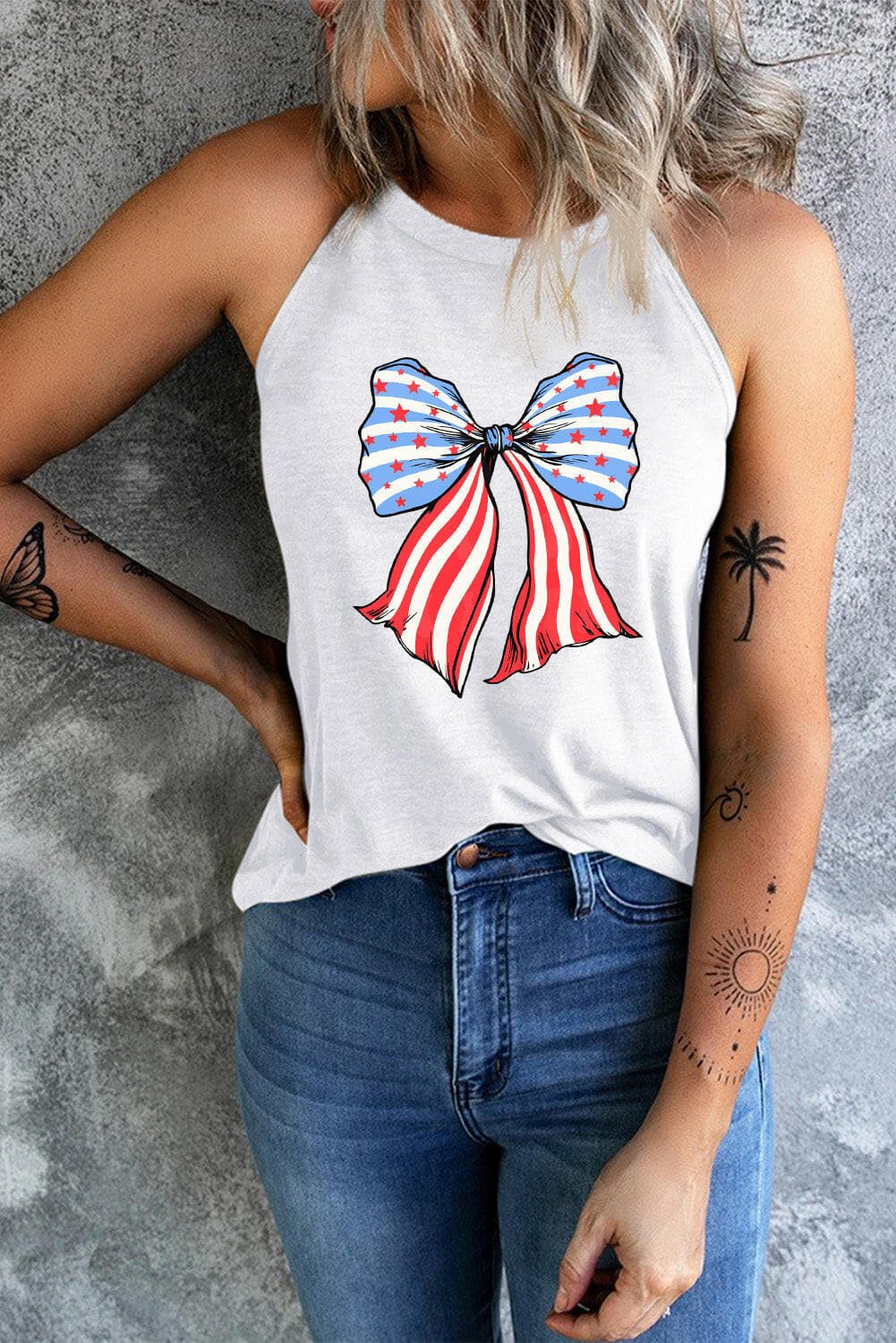 Bow Graphic Grecian Neck Tank.