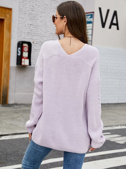 Openwork Dropped Shoulder Long Sleeve Sweater.