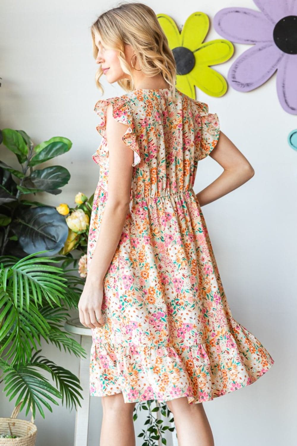 Heimish Full Size Floral Ruffled V-Neck Dress.