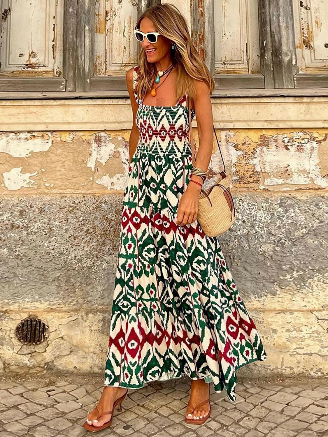 Smocked Printed Square Neck Sleeveless Dress.