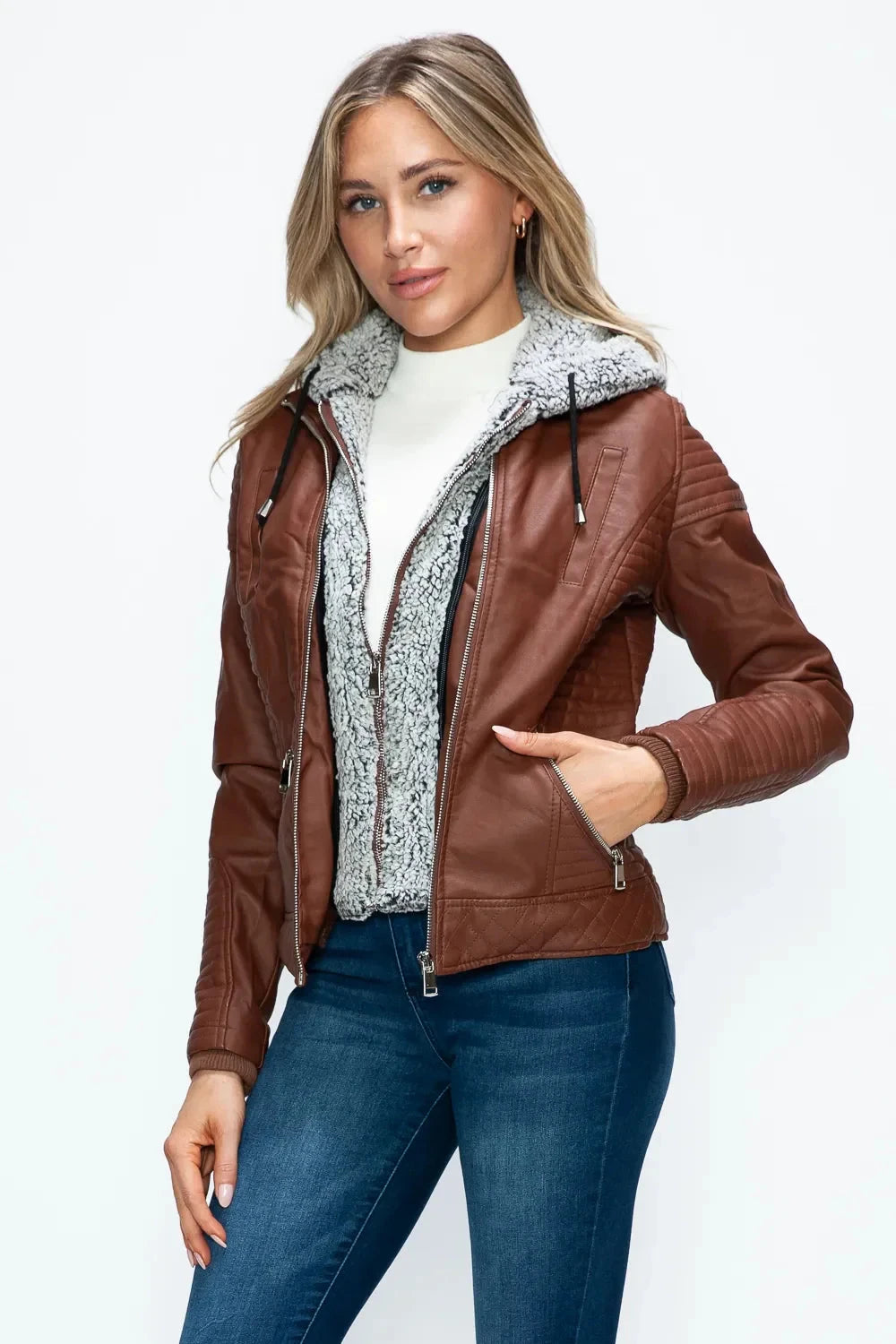 YMI Faux Layered Double-Zipper Jacket with Fuzzy Hood Coco’s Tee Boutique