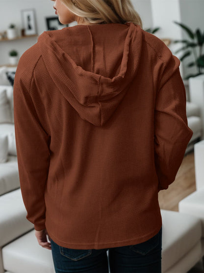 Waffle-Knit Drawstring Quarter Button Hoodie.