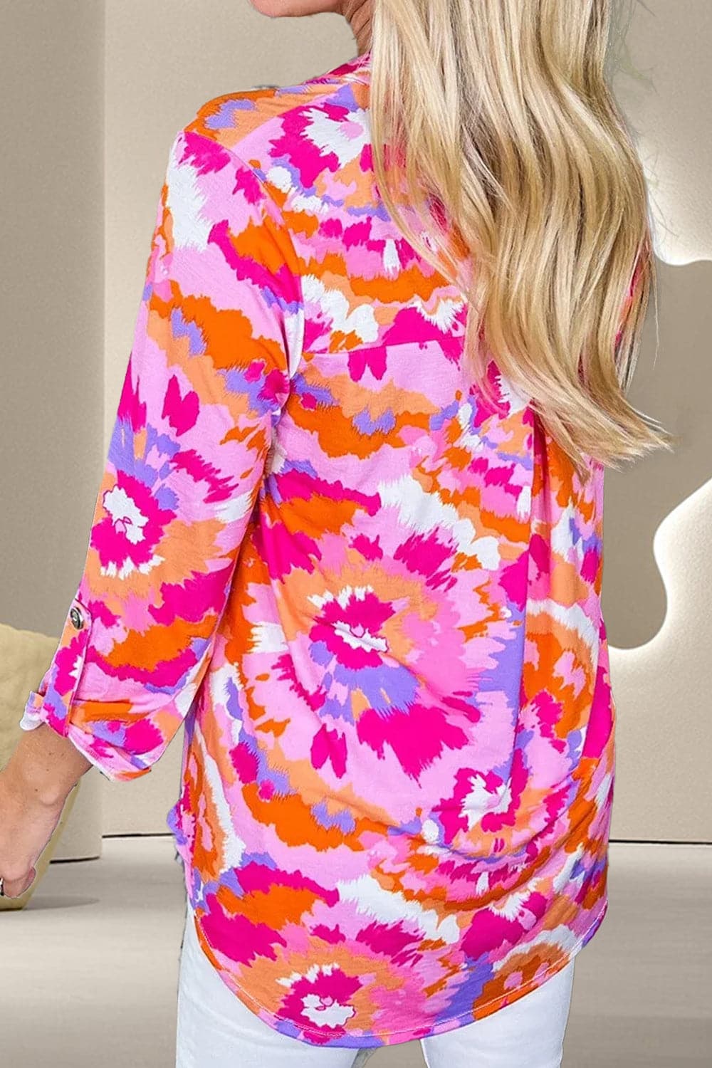 Printed Notched Long Sleeve Blouse.