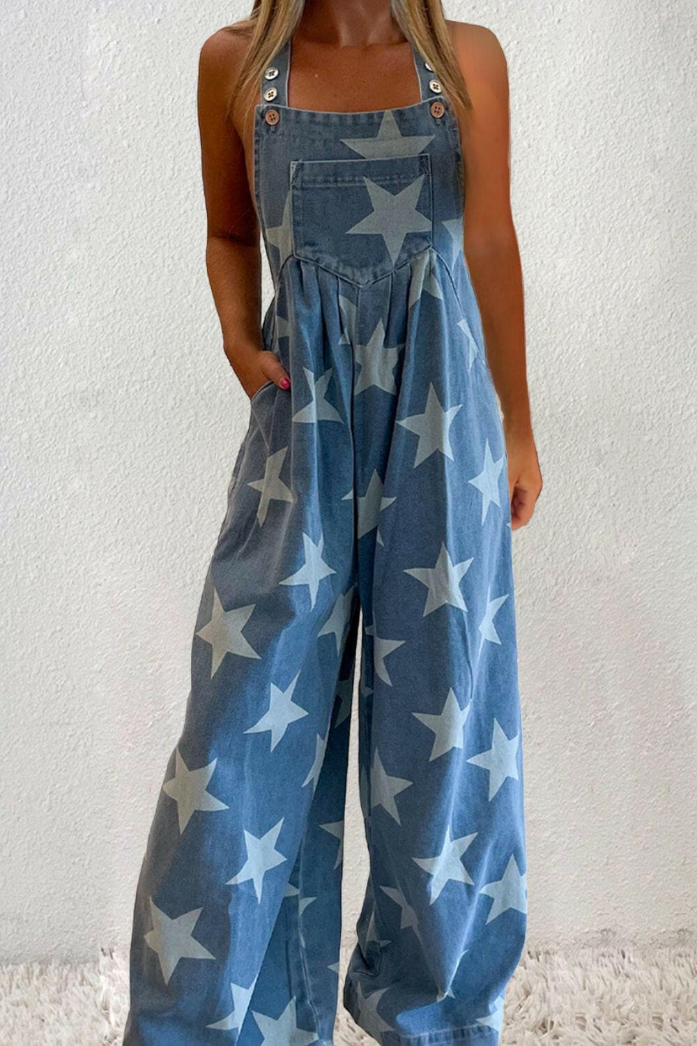 Star Square Neck Wide Leg Denim Overalls.