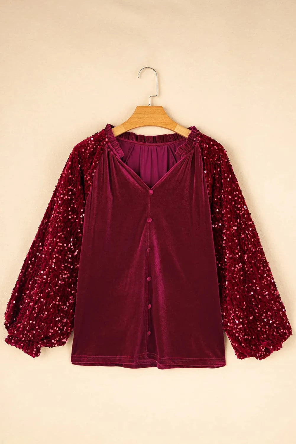 Shimmering Notched Long Sleeve Top