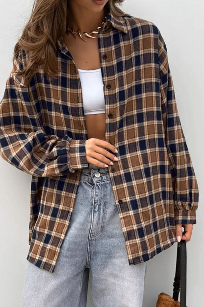 Plaid Oversized Button-Up Shacket with Drop Shoulders