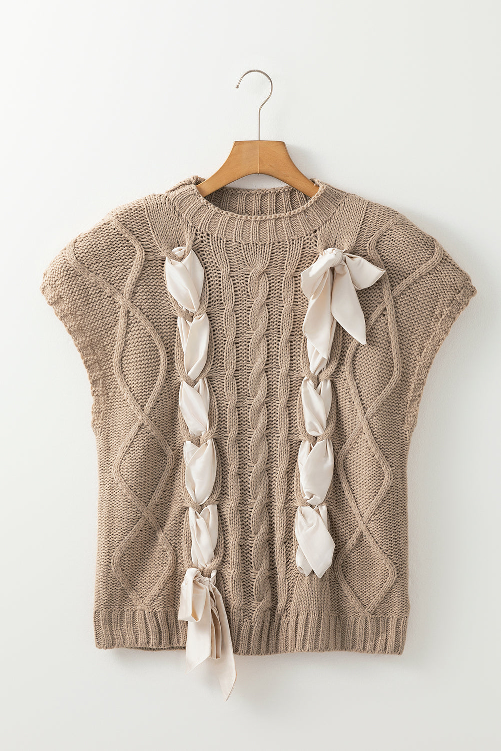 Chic Taupe Colorblocked Cable Knit Sweater with Satin Bow Detail