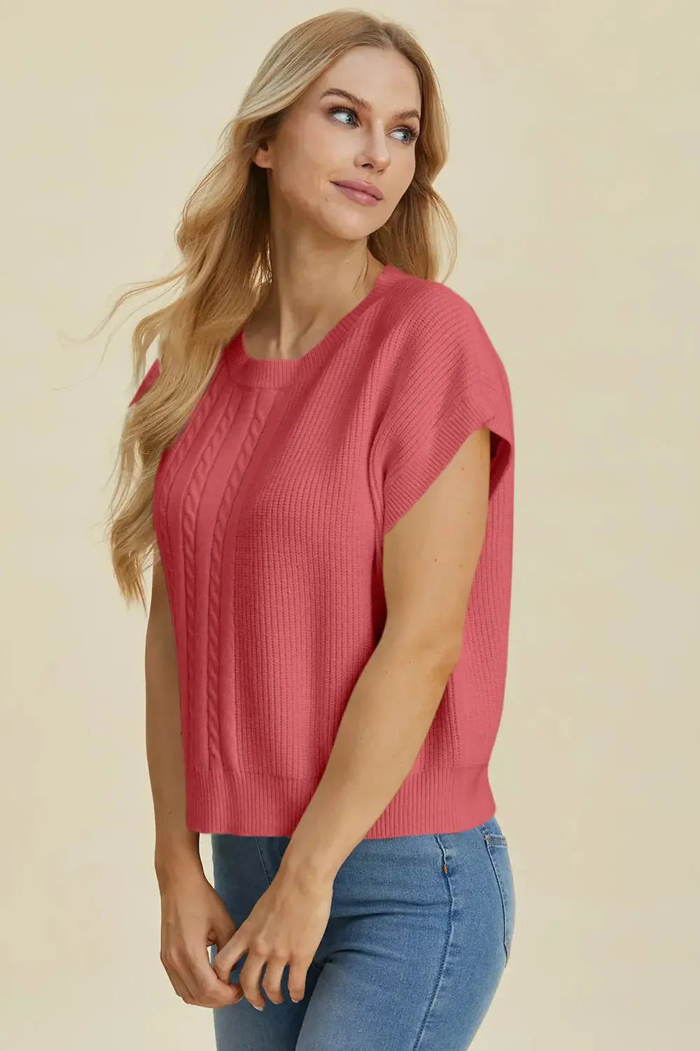 Double Take Full Size Cable-Knit Round Neck Short Sleeve Sweater - Love Salve