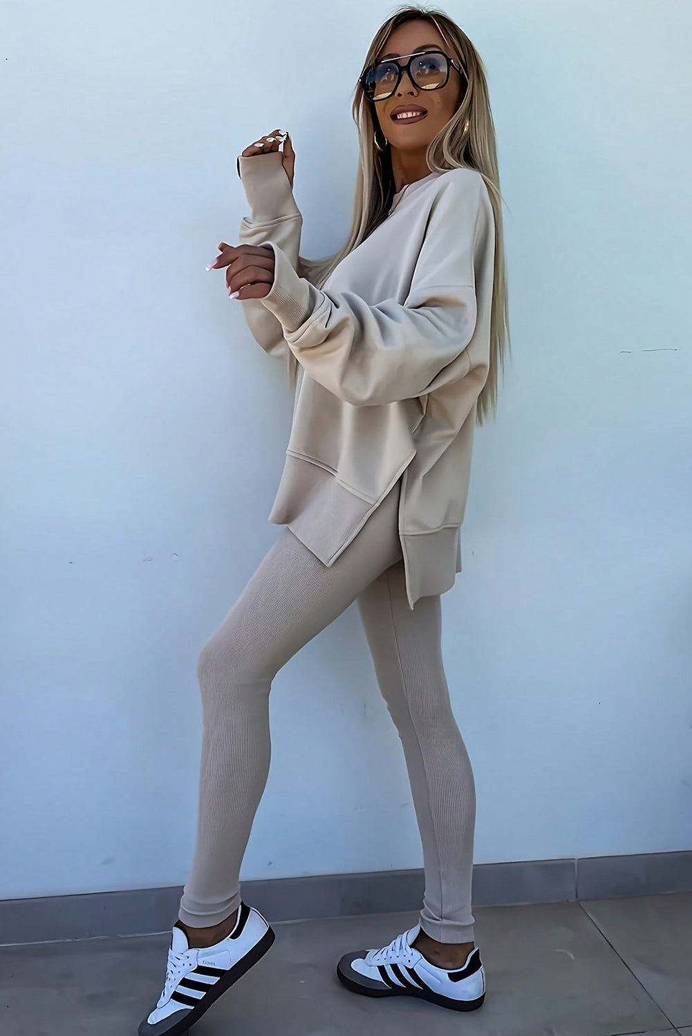 Premium Jet Stream Oversize Slit Sweatshirt Ribbed Leggings 2pc Set