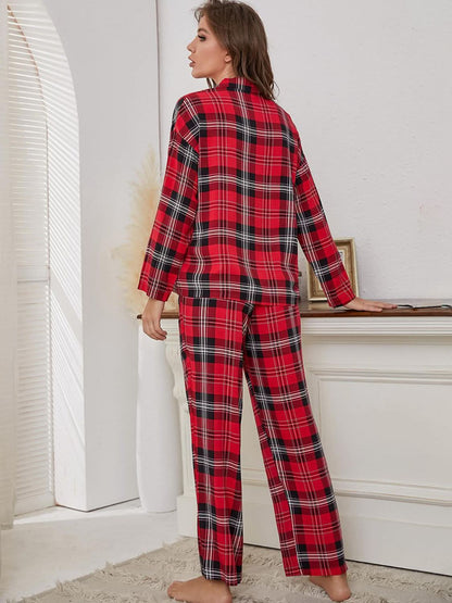 Plaid Collared Long Sleeve Lounge Set with Pocketed Pants