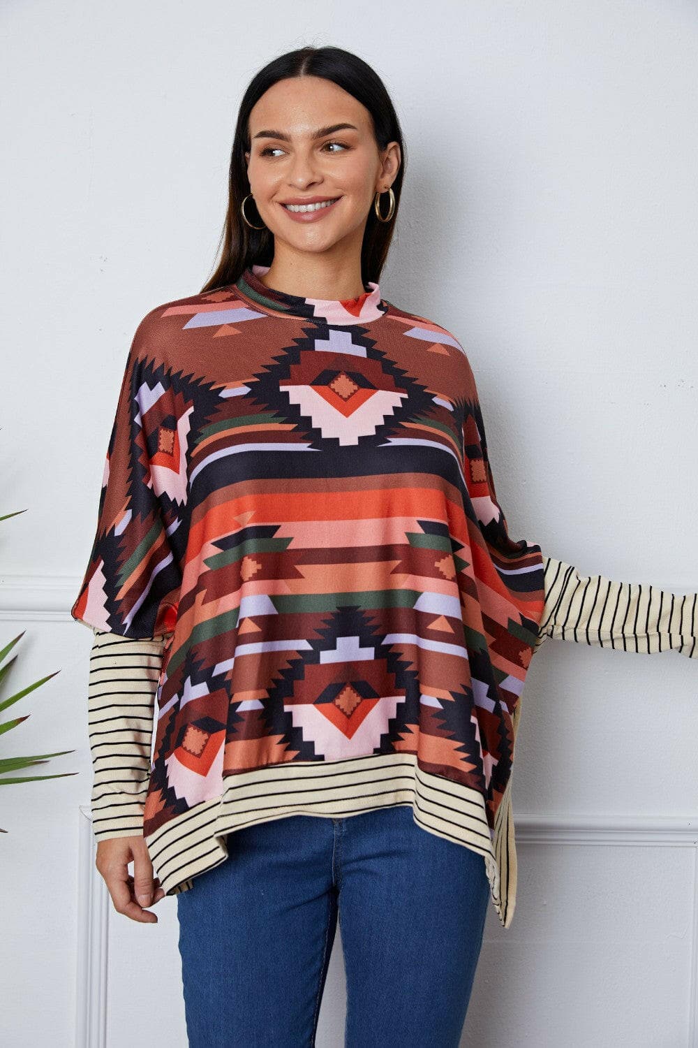 Geometric Striped Splicing Round Neck Blouse.