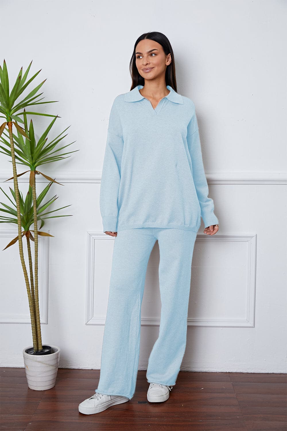 Dropped Shoulder Sweater and Long Pants Set.