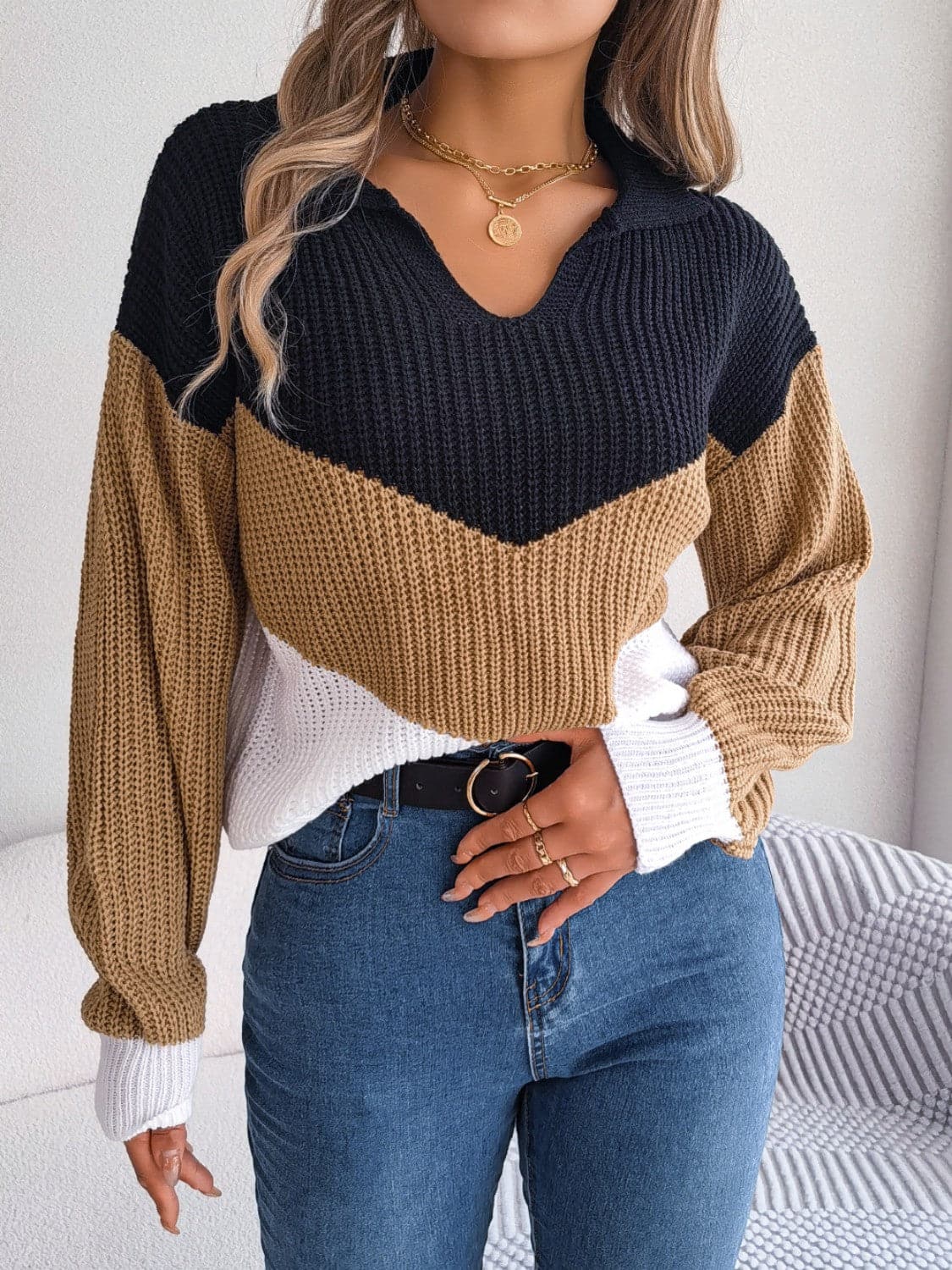 Color Block Dropped Shoulder Sweater.