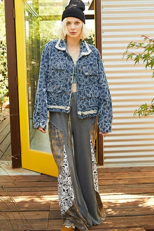 Floral Embellished Raw Hem Long Sleeve Denim Jacket