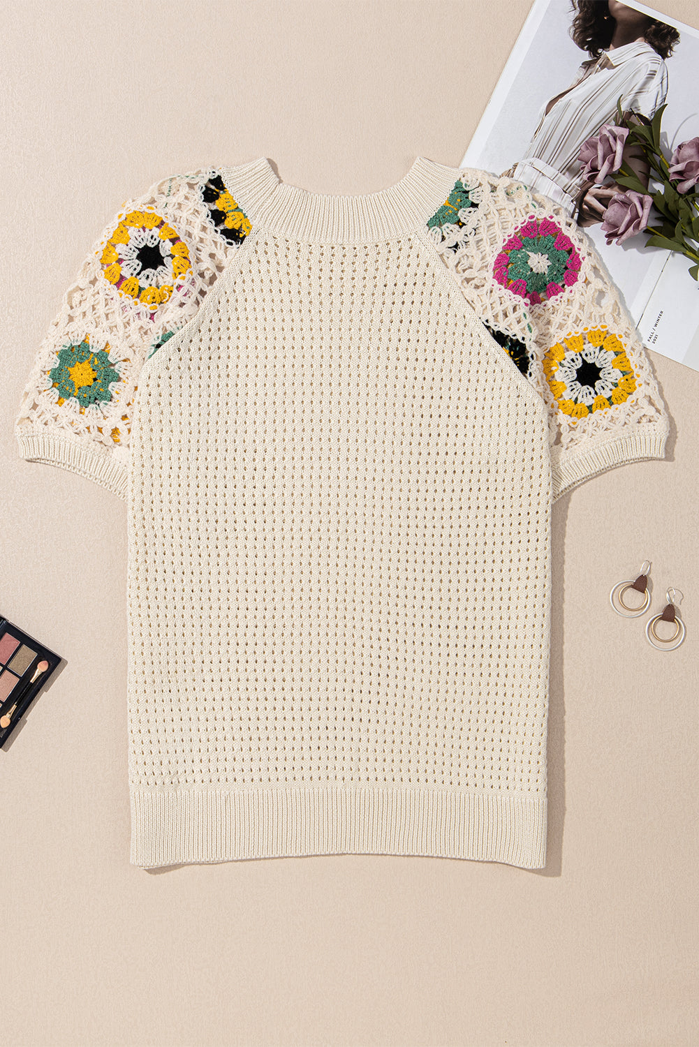 Apricot Floral Crochet Embroidered Short Sleeve Sweater with Hollow Out Design