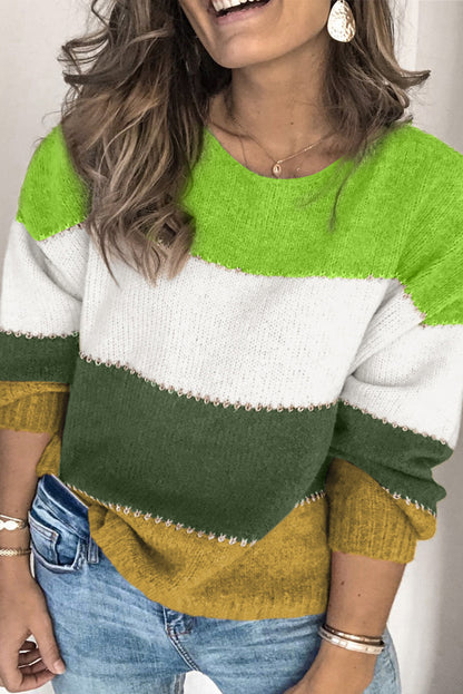 Chic green plus size patchwork sweater with color block design