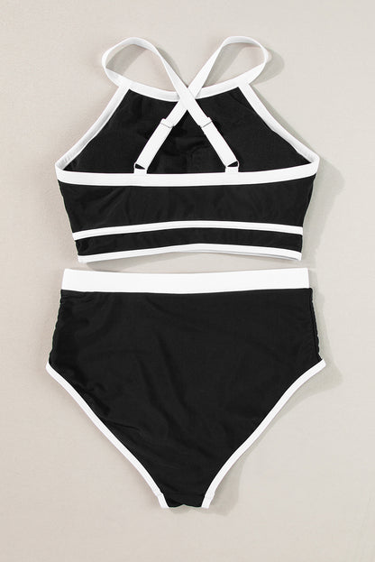 Black High Waisted Bikini with Crisscross Back and Contrast Trim