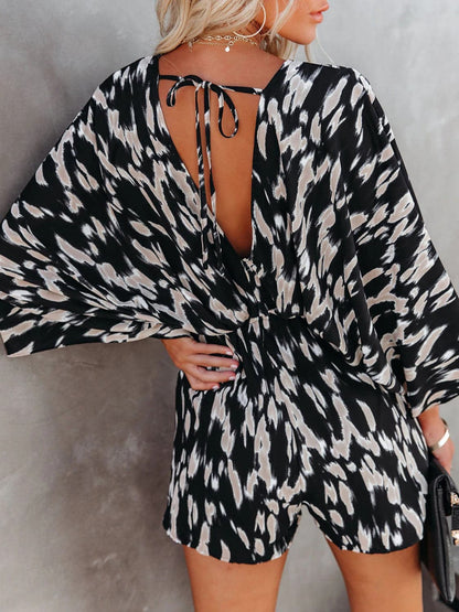 Tied Printed Kimono Sleeve Romper.