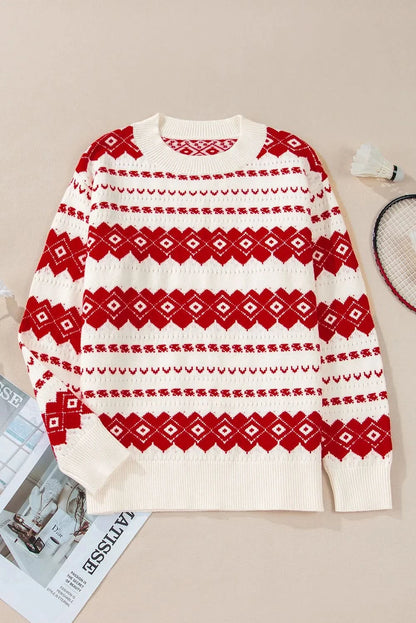 Geometric Round Neck Dropped Shoulder Sweater