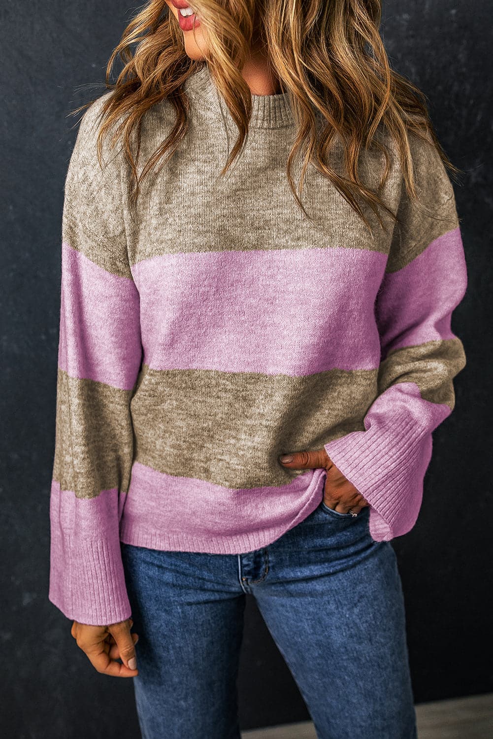 Color Block Round Neck Long Sleeve Sweater.