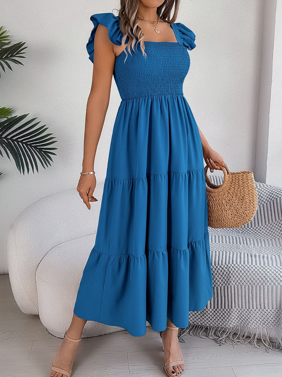 Smocked Square Neck Cap Sleeve Midi Dress.