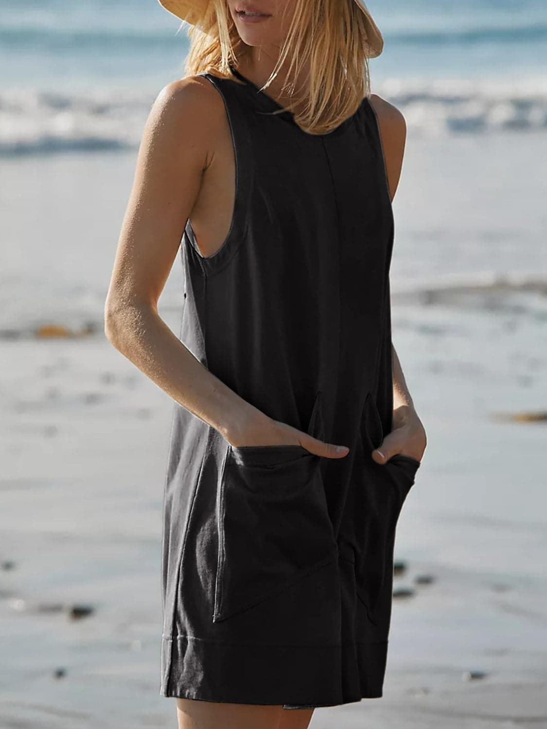 Round Neck Sleeveless Romper with Pockets.