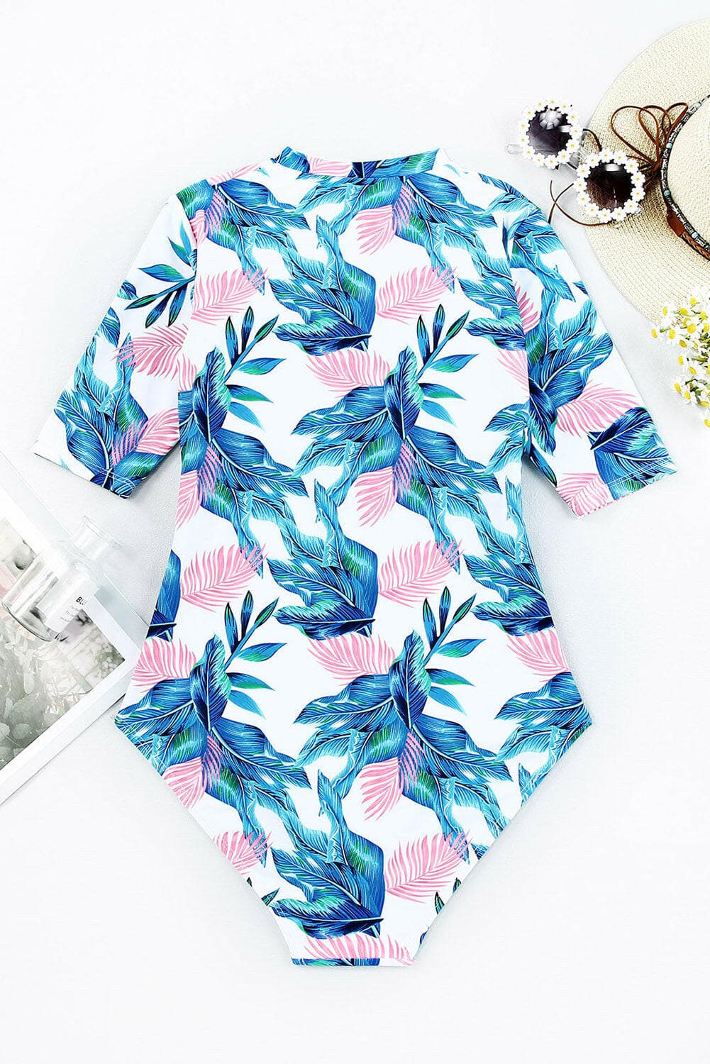 Printed Notched Half Sleeve One-Piece Swimwear.