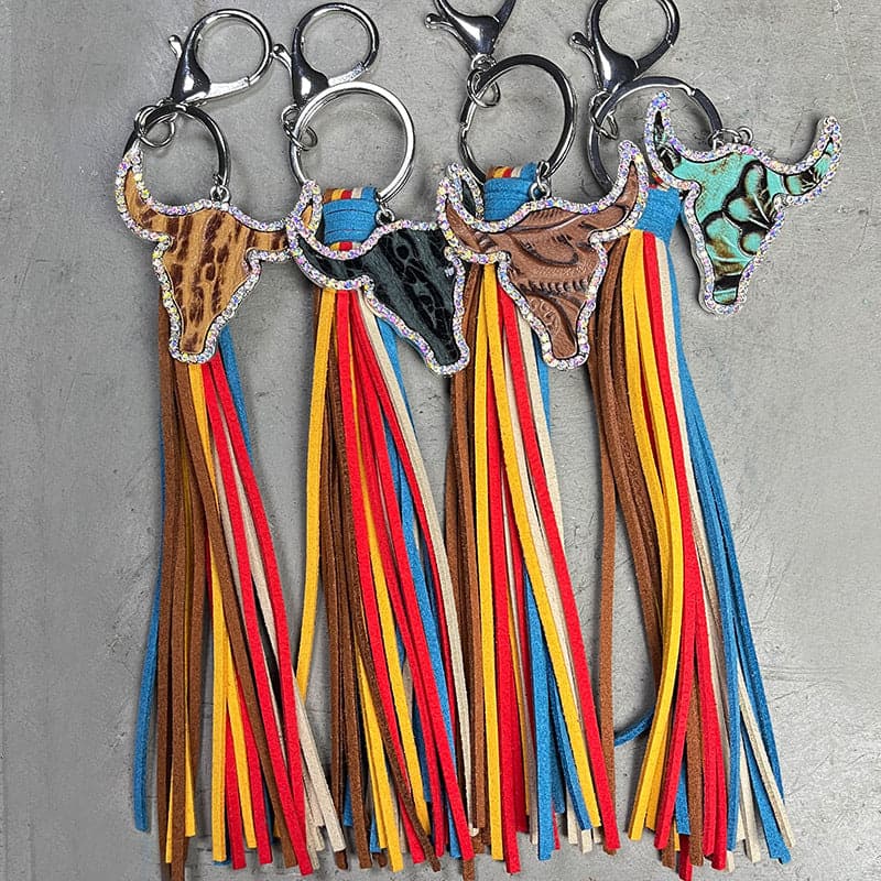 Rhinestone Bull Keychain with Tassel.