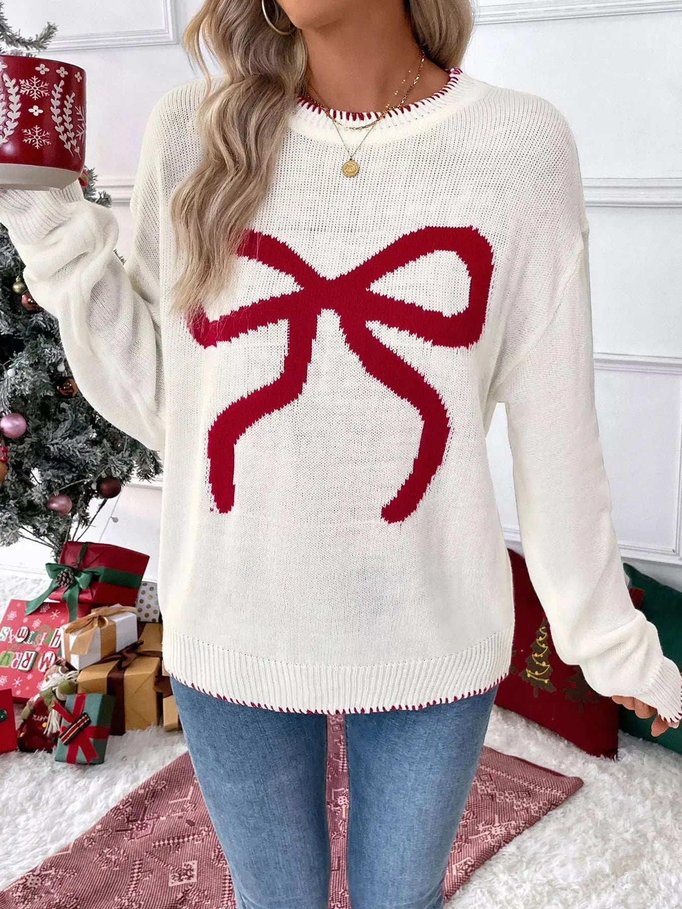 Bow Round Neck Sweater Simply Love