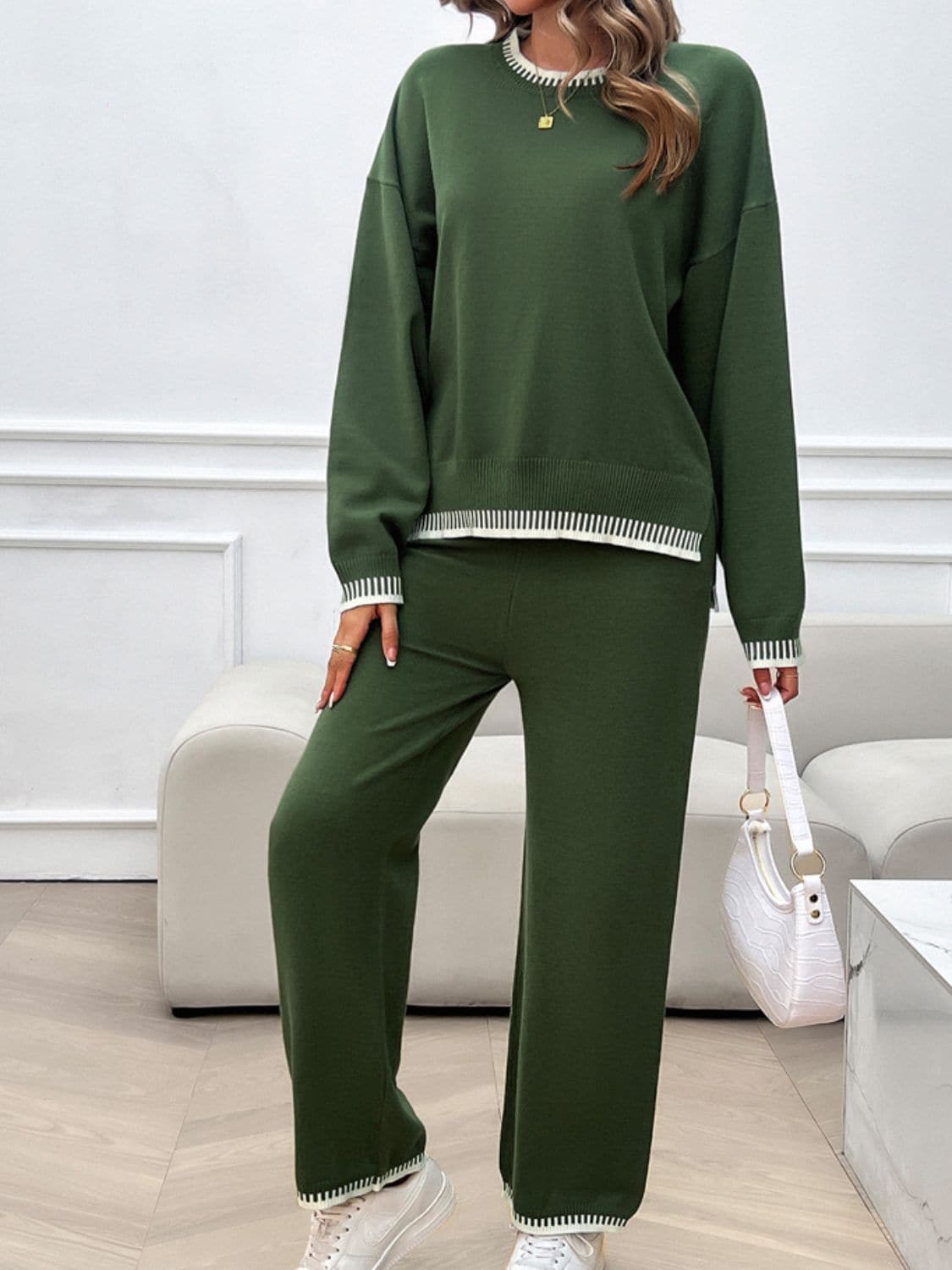 Round Neck Dropped Shoulder Top and Pants Sweater Set.