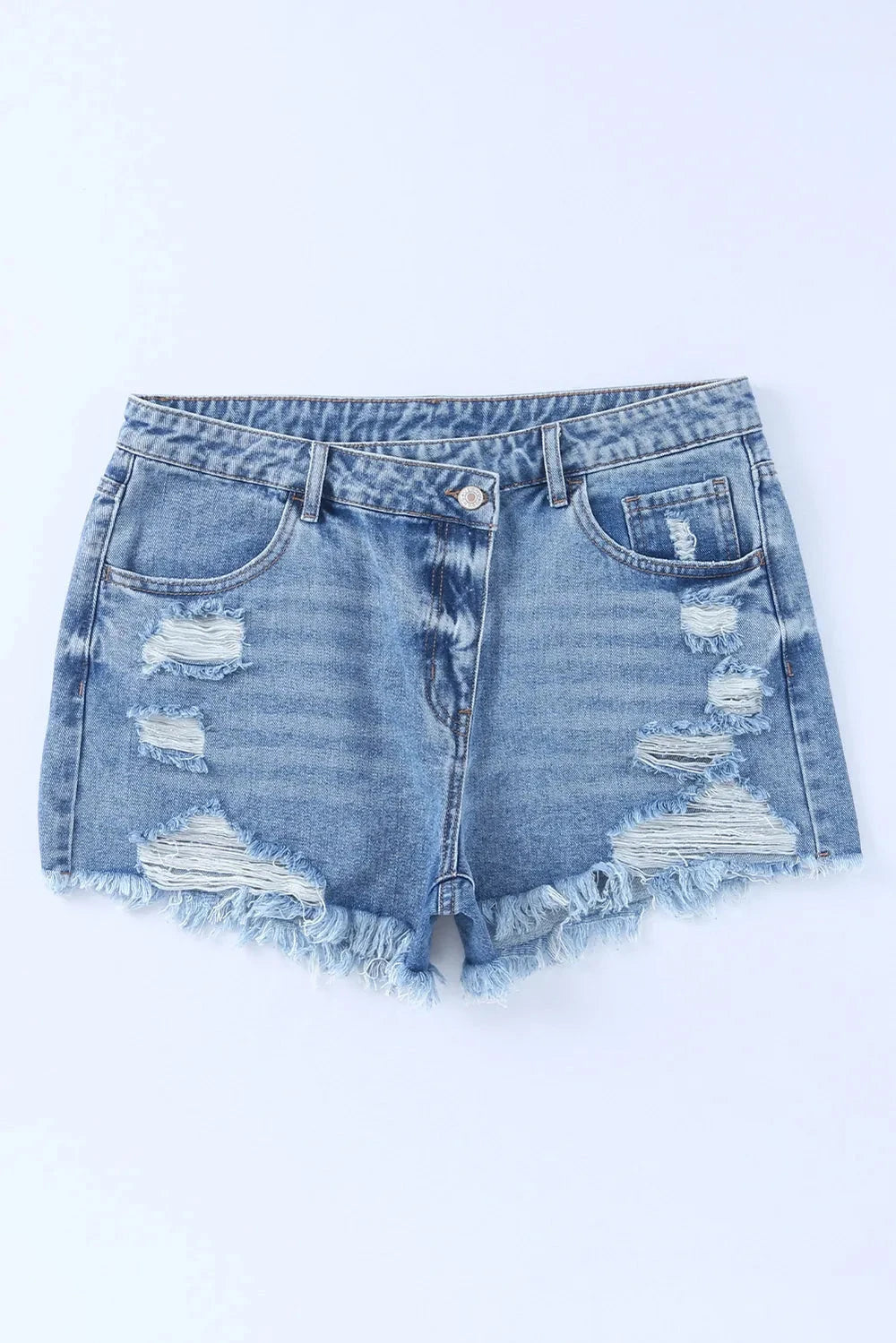 Crossover Cutie High Rise Distressed Denim Shorts Coco’s Tee Boutique
