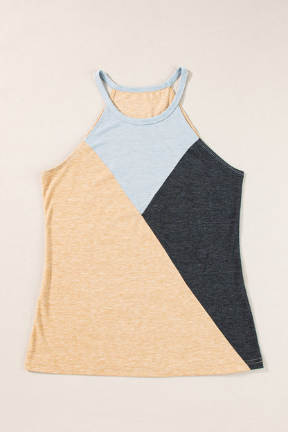 Chic French beige sleeveless geometric color block top