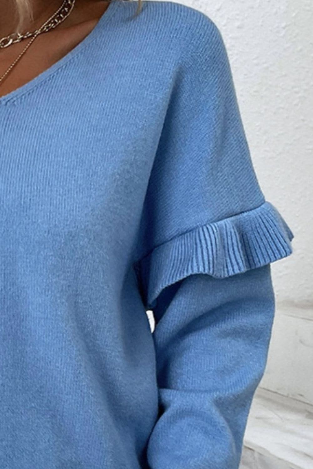 V-Neck Ruffle Trim Long Sleeve Sweater.