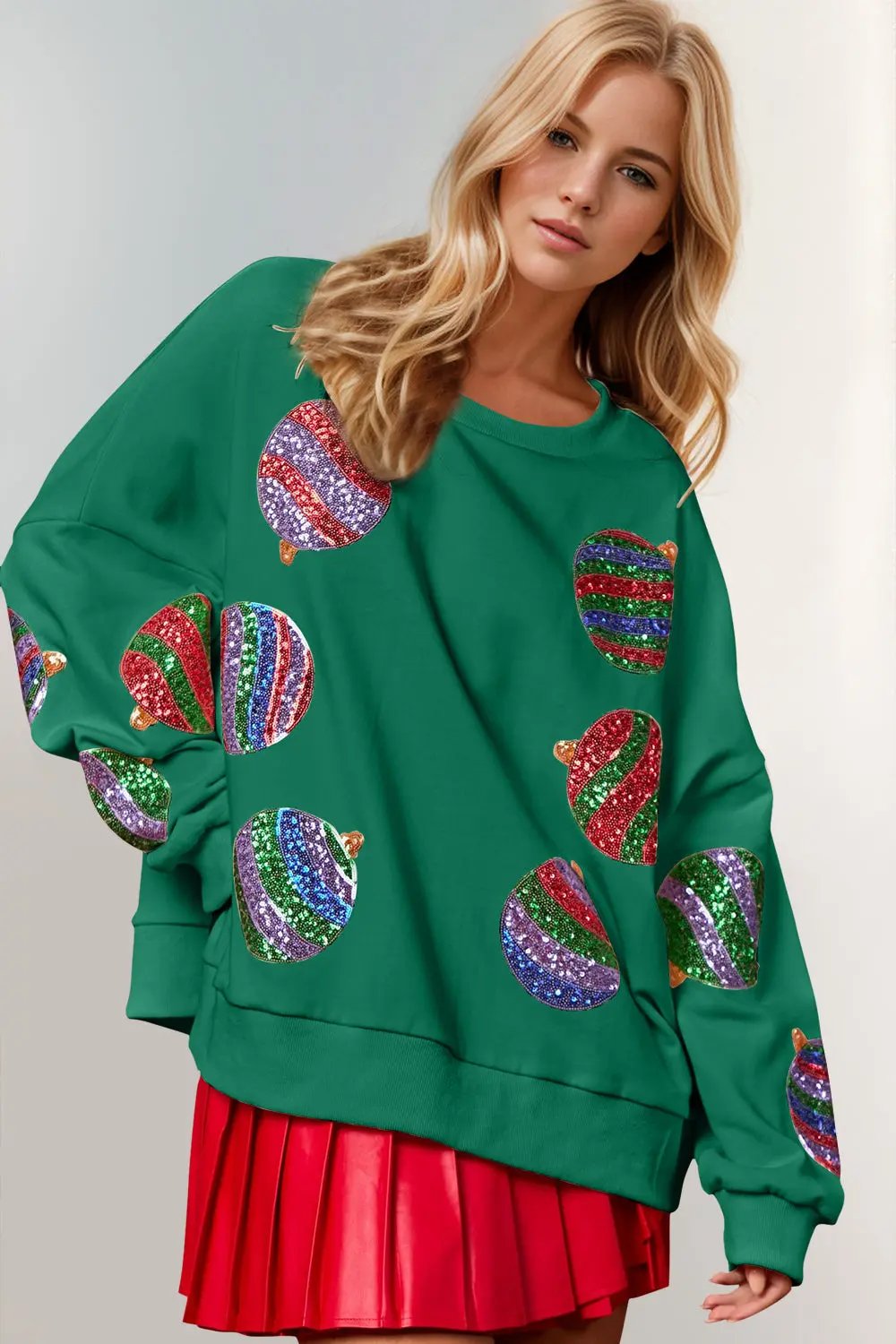 Double Take Christmas Element Sequin Round Neck Long Sleeve Sweatshirt - Love Salve