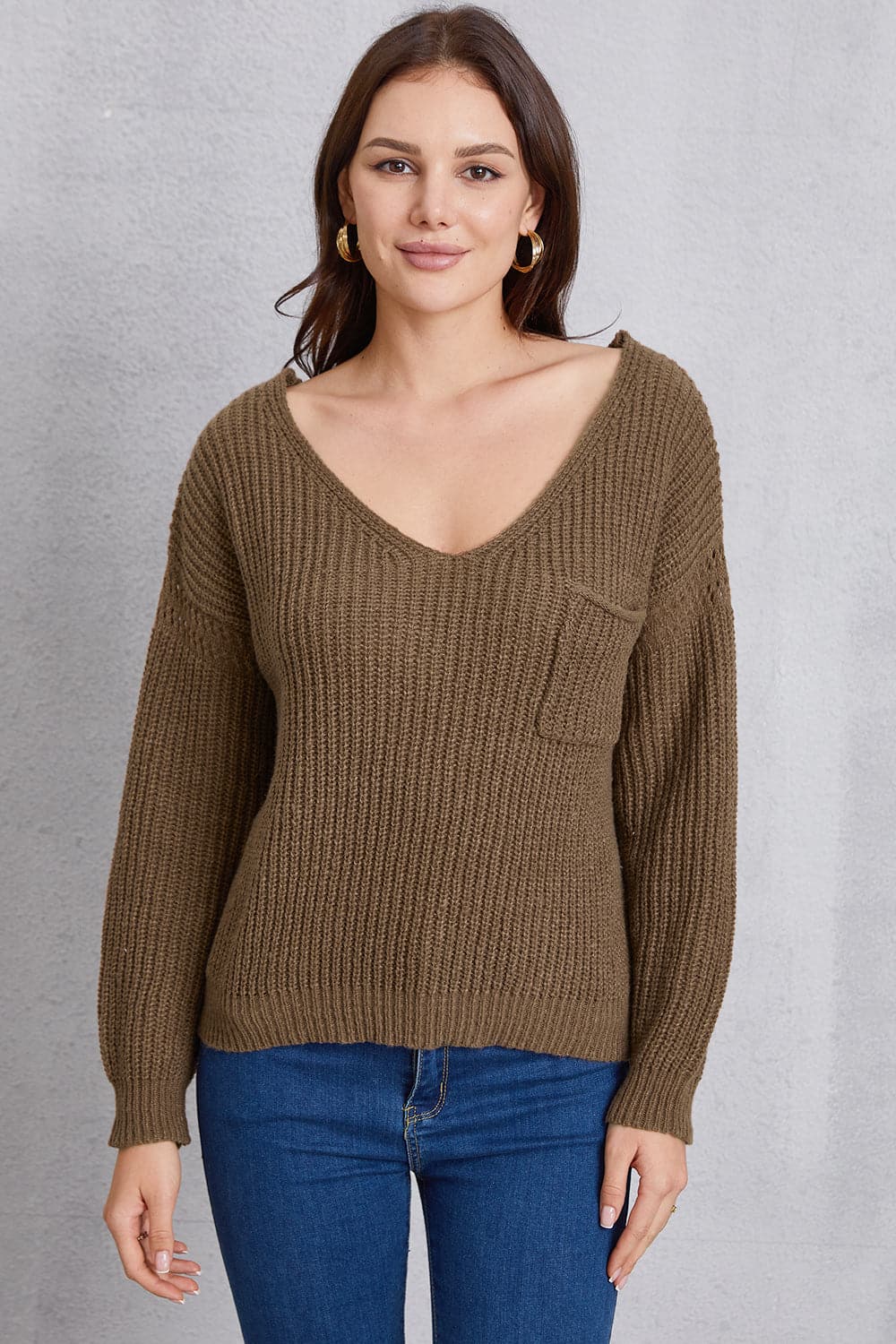 V-Neck Pocketed Dropped Shoulder Knit Top.