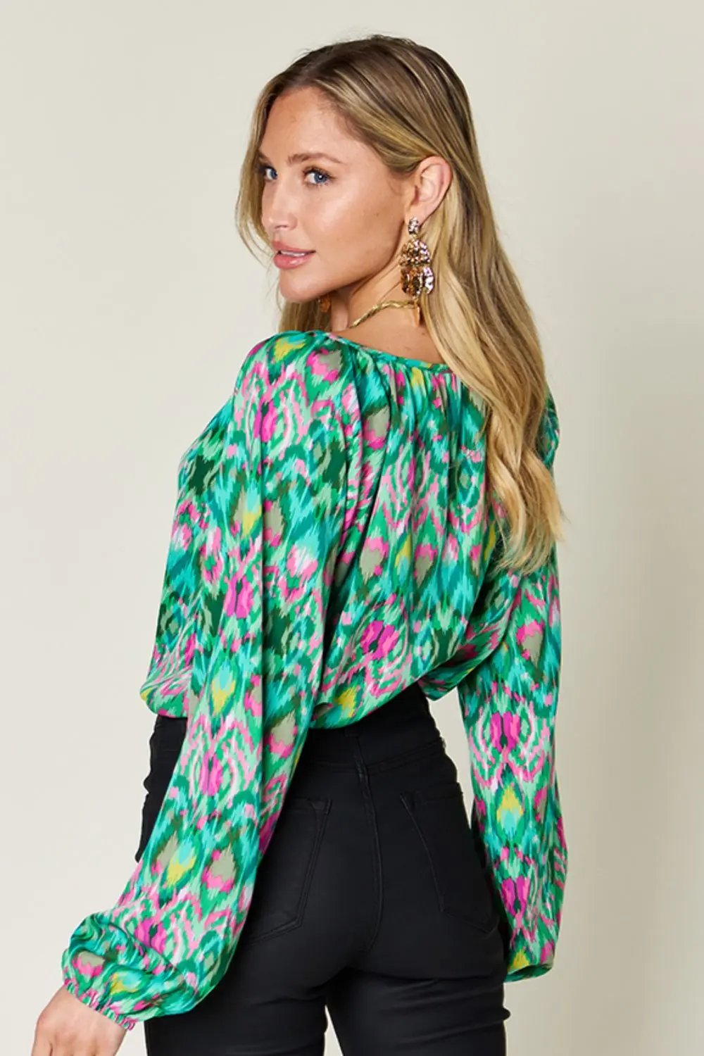 Double Take Full Size Printed Balloon Sleeve Blouse - Love Salve