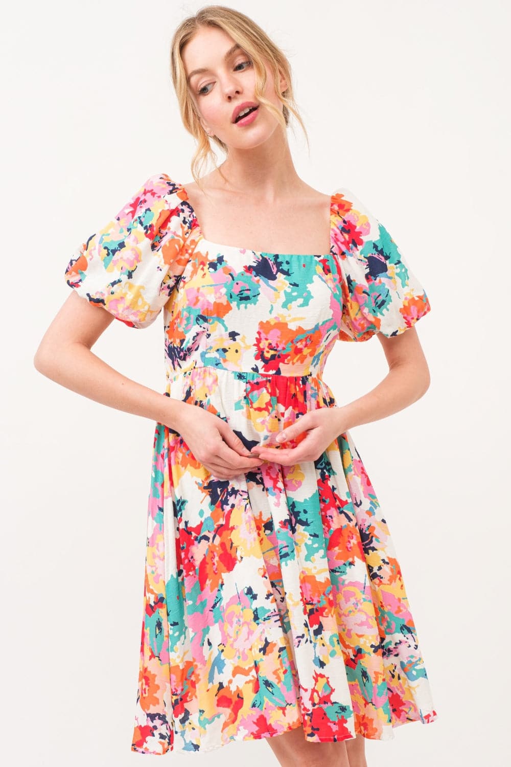 And The Why Square Neck Puff Sleeve Floral Dress.