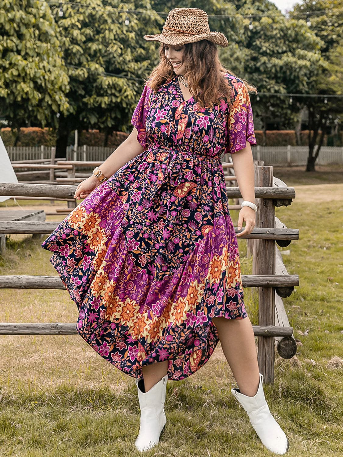 Plus Size Printed V-Neck Flutter Sleeve Midi Dress.