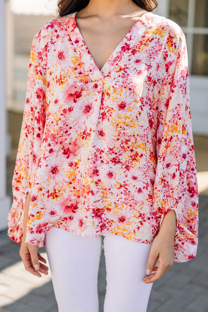 Charming pink floral v-neck blouse with bubble sleeves