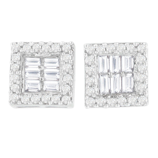 Bids.com 14K White Gold 1 cttw Round and Baguette Diamond Stud Earrings, elegant jewelry for discerning shoppers.