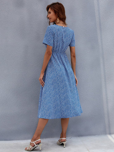 Printed Round Neck Short Sleeve Midi Dress.