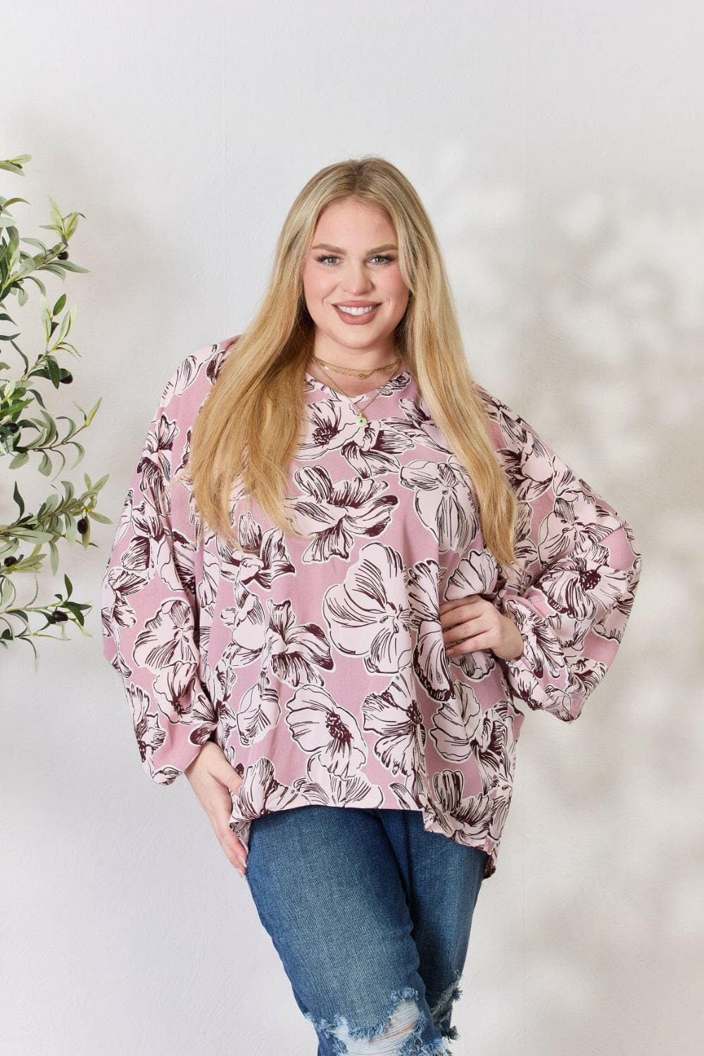 Heimish Full Size Floral V-Neck Balloon Sleeve Blouse.