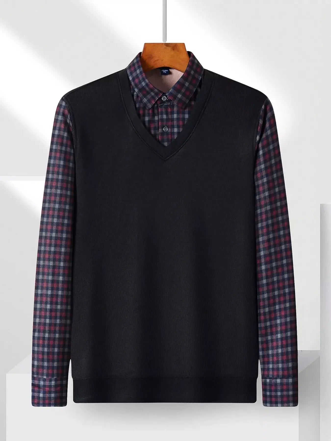 Men's Plus Size Striped Long Sleeve Fake Two Piece Knit Top Simply Love