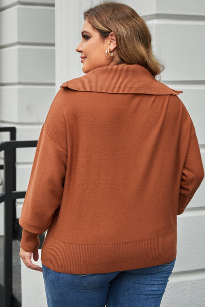 Chic brown zip collar sweater with ribbed trim for plus sizes