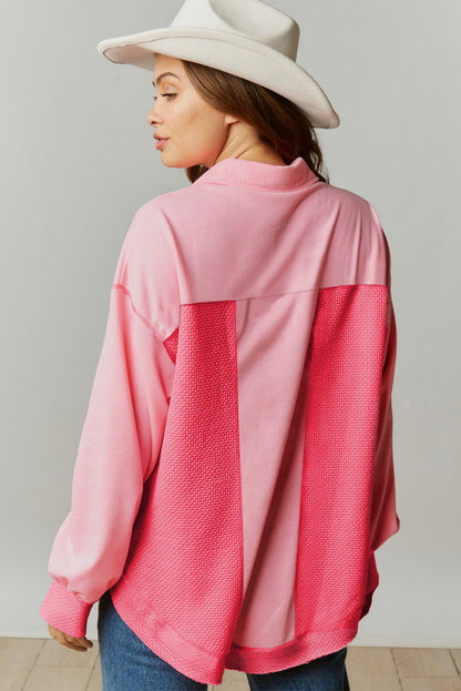 Peach Blossom Contrast Waffle Knit Button-Up Shacket with Pockets