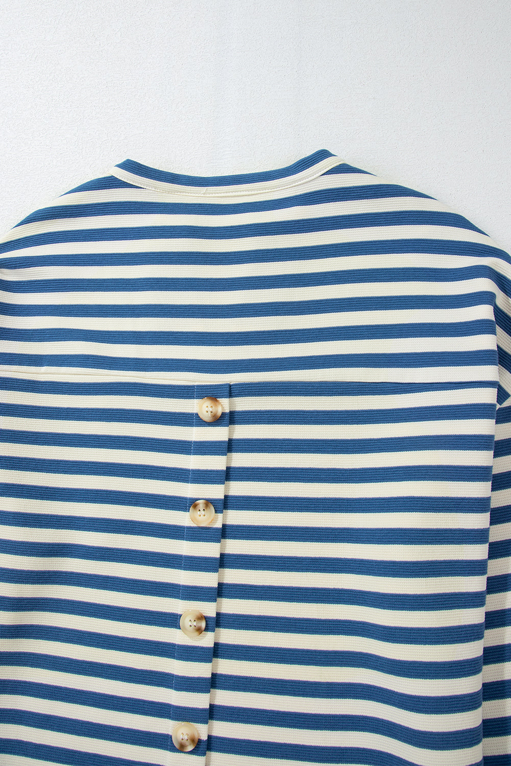 Sky Blue Striped V-Neck Top with Pocket and Buttoned Back