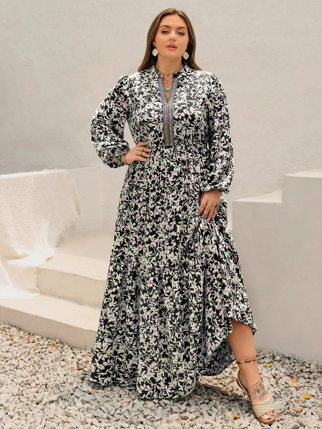 Plus Size Floral Print Long Sleeve Tiered Maxi Dress Simply Love