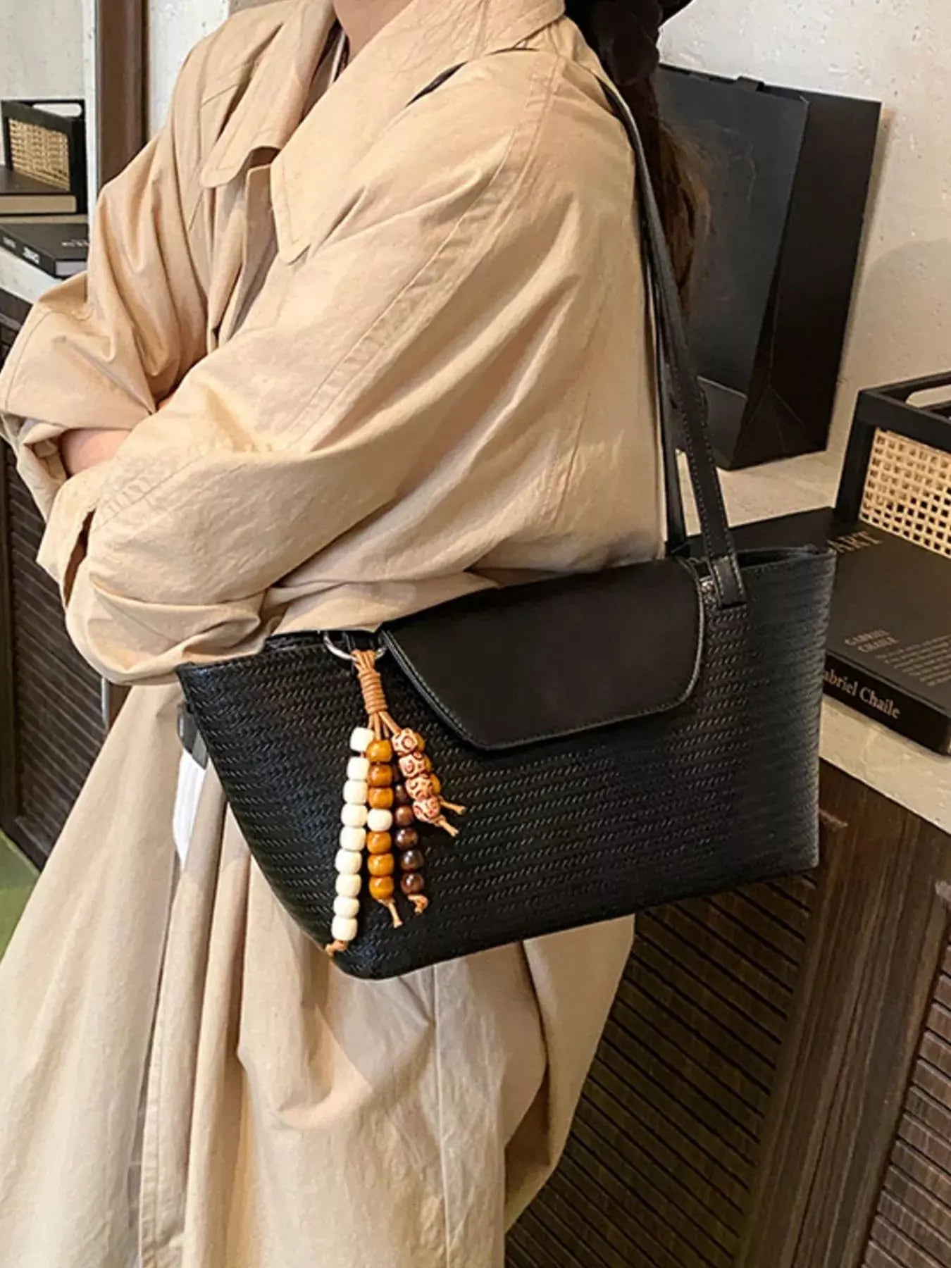 Texture Tote Bag with Beaded Charm Simply Love