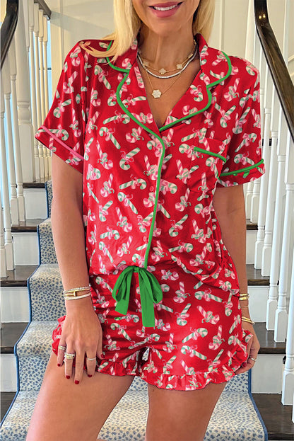 Festive Red Candy Cane Pocketed Pajama Set with Knotted Shorts